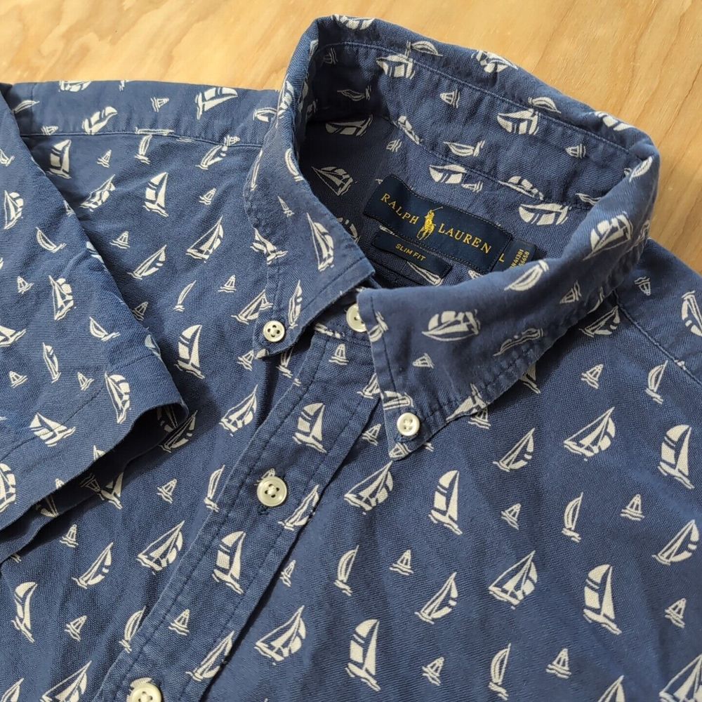 Ralph Lauren Men's L Short Sleeve Slim Fit Oxford Sport Shirt Blue Sailing